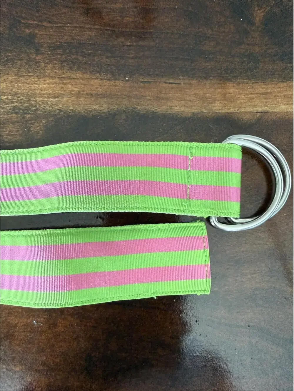 J.Crew Neon Green and Pink Striped Webbing Belt with Double Ring Closure - Picture 3 of 5